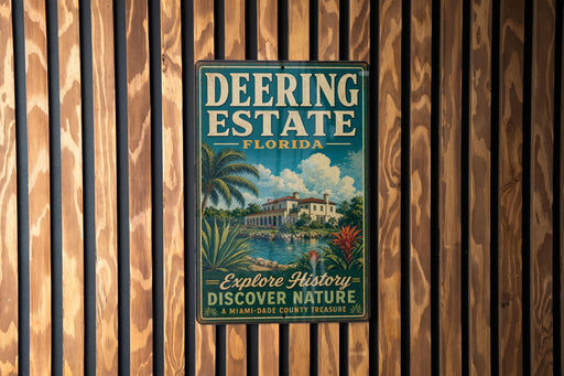 A vintage-style metal sign for "Deering Estate" in Florida, featuring a tropical landscape with palm trees and a building, is displayed on a wooden wall.