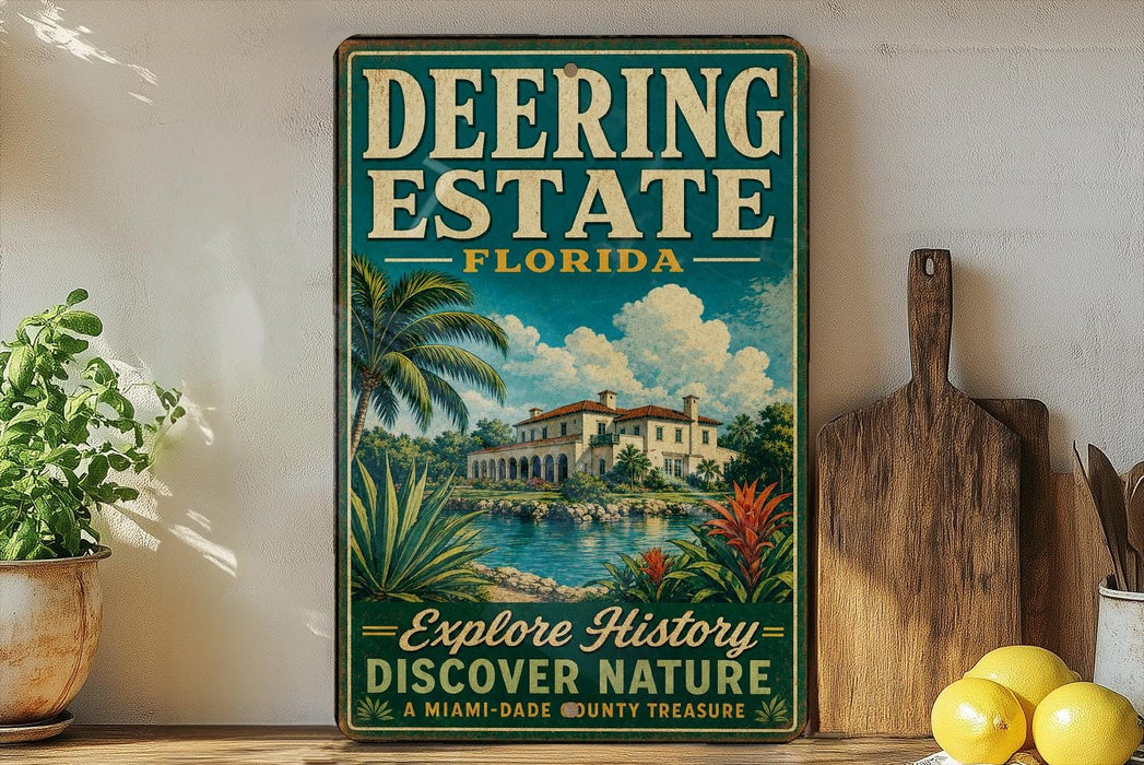 A vintage-style sign for Deering Estate, Florida, featuring a tropical landscape with palm trees and a building, is displayed on a shelf next to a wooden cutting board and some lemons.