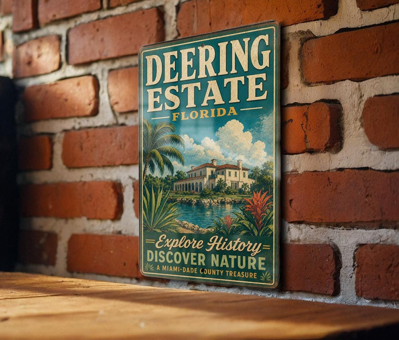 A vintage-style metal sign for Deering Estate, Florida, mounted on a brick wall.