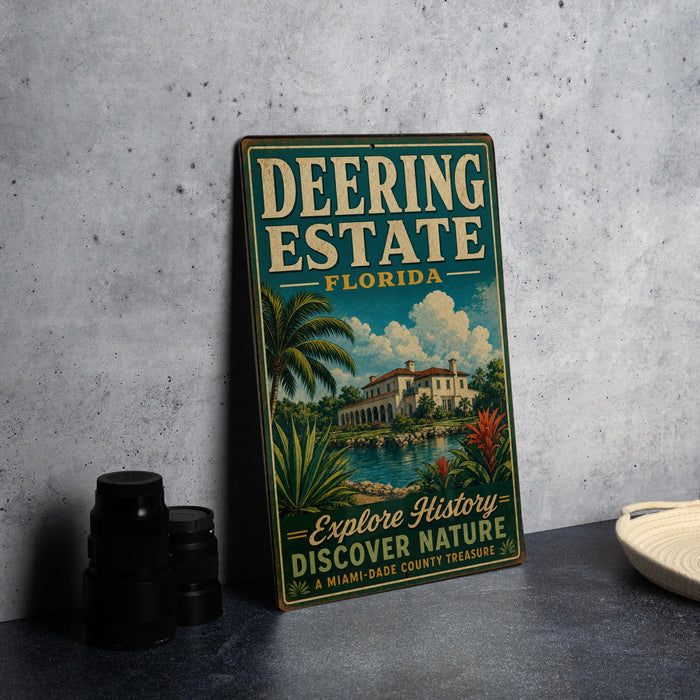 A vintage-style metal sign for Deering Estate, Florida, featuring a tropical landscape with palm trees and a building, is displayed on a gray concrete surface.