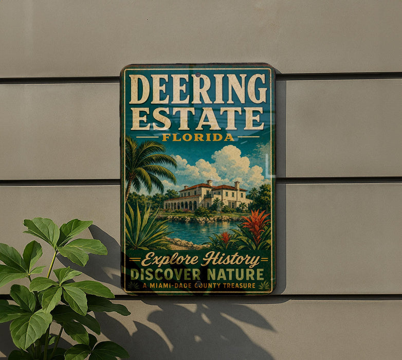 A vintage-style metal sign for Deering Estate, Florida, featuring a tropical landscape with palm trees and a building, is displayed on a wall.