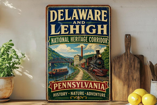A vintage-style sign for the National Heritage Corridor in Delaware and Lehigh, Pennsylvania, featuring an illustration of a train, bridge, and river.