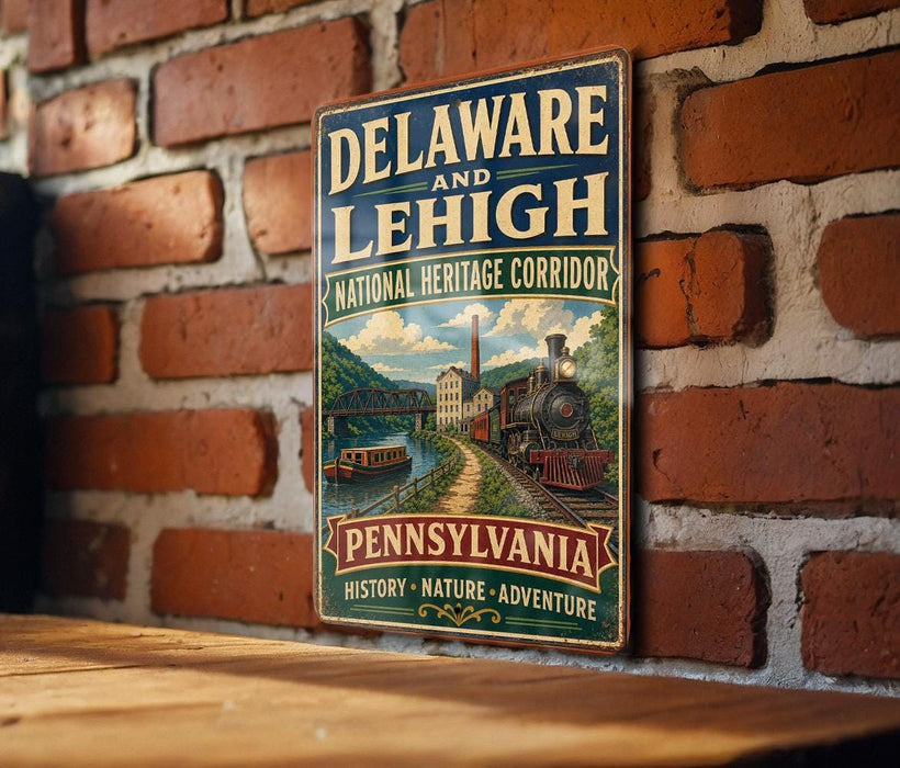 A vintage-style metal sign for the National Heritage Corridor in Pennsylvania, featuring an illustration of a train and a scenic landscape.