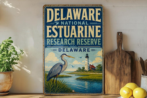 A vintage-style sign for the Delaware National Estuarine Research Reserve, featuring an illustration of a heron and a lighthouse, is displayed on a shelf next to a wooden cutting board and some lemons.