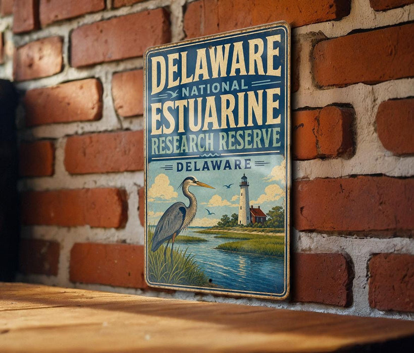 A vintage metal sign for the Delaware National Estuarine Research Reserve, featuring a blue heron and a lighthouse, is displayed on a brick wall.