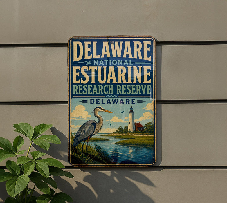 A metal sign for the Delaware National Estuarine Research Reserve, featuring a blue heron and a lighthouse in the background.