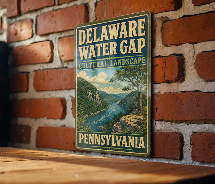 A vintage-style metal sign for the Delaware Water Gap in Pennsylvania, featuring a scenic landscape with a river and mountains.