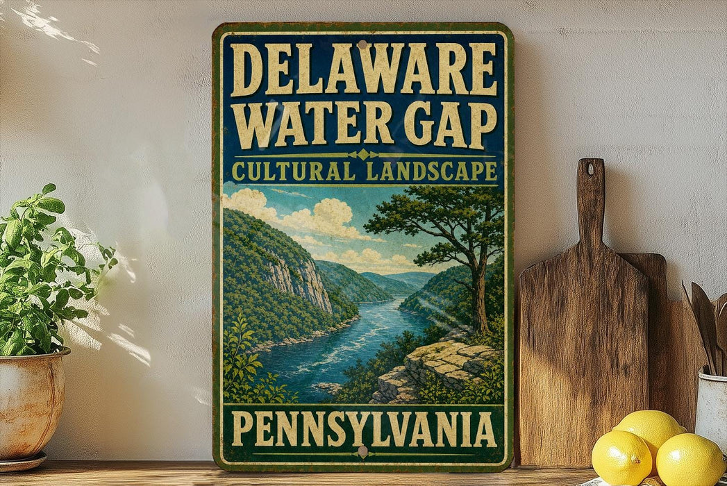 A vintage-style sign for the Delaware Water Gap in Pennsylvania, featuring a scenic landscape with a river and mountains.