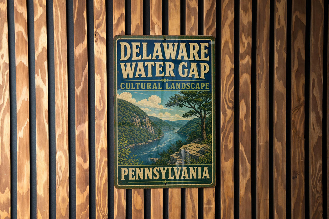 A vintage-style sign for the Delaware Water Gap in Pennsylvania, featuring a scenic landscape with a river and mountains.