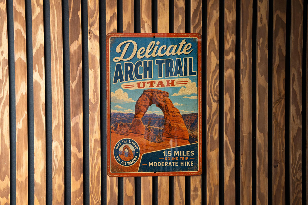 A vintage-style metal sign advertising the Delicate Arch Trail in Utah, featuring an illustration of the iconic rock formation.