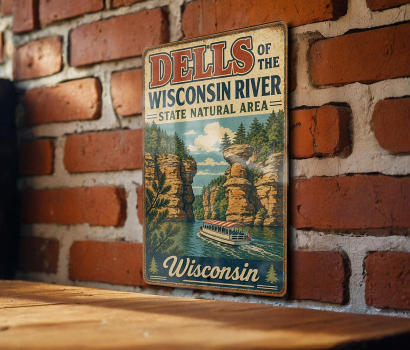 A vintage metal sign for the "Dells of the Wisconsin River State Natural Area" is displayed on a brick wall.