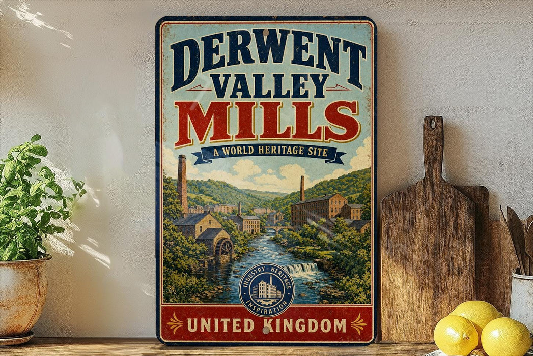 A vintage-style sign for the Derwent Valley Mills, a world heritage site, is displayed on a wooden shelf next to a potted plant and a wooden cutting board.
