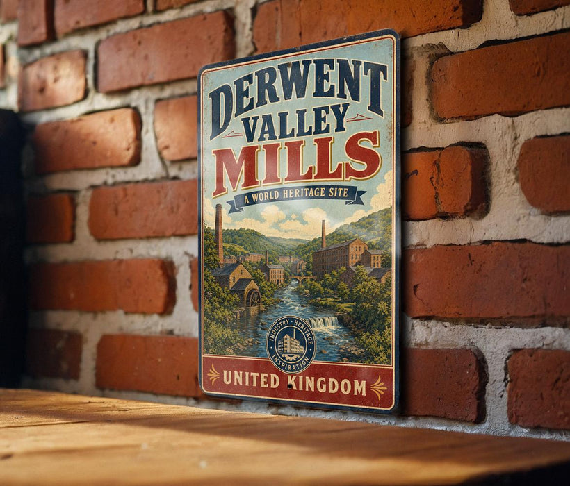 A vintage-style metal sign for the Derwent Valley Mills, a world heritage site, is displayed on a brick wall.