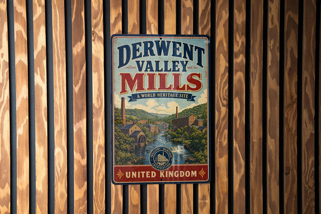 A vintage metal sign for the Derwent Valley Mills, a world heritage site, is displayed on a wooden wall.