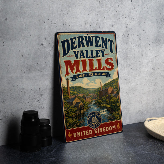 A vintage metal sign for Derwent Valley Mills, a world heritage site, is displayed on a table next to some black camera lenses.