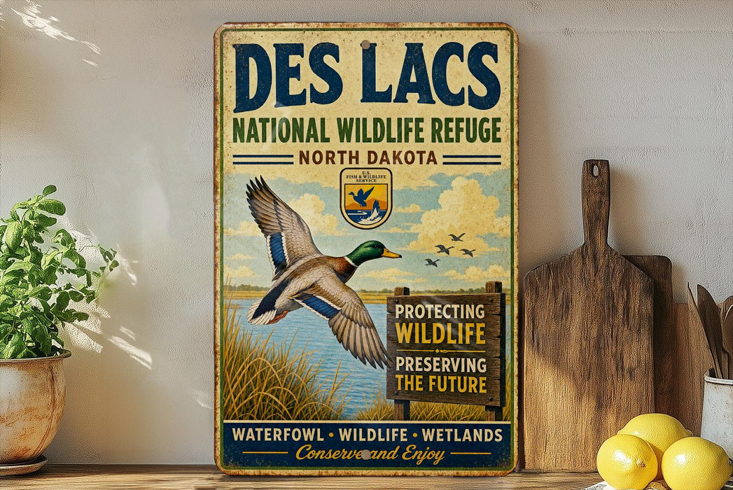 A vintage-style metal sign for the Des Lacs National Wildlife Refuge in North Dakota, featuring a duck in flight and text promoting wildlife conservation and preservation.