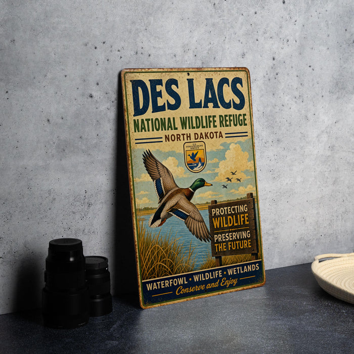 A vintage-style sign for the Des Lacs National Wildlife Refuge in North Dakota, featuring an illustration of a duck in flight and a sign with the text "Des Lacs" and "National Wildlife Refuge North Dakota".