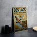 A vintage-style sign for the Des Lacs National Wildlife Refuge in North Dakota, featuring an illustration of a duck in flight and a sign with the text "Des Lacs" and "National Wildlife Refuge North Dakota".