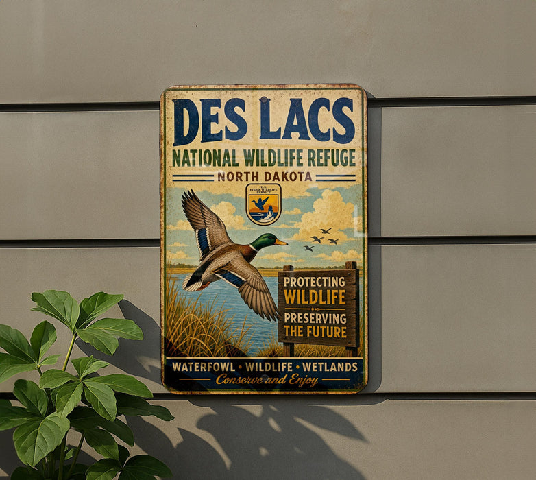 A vintage-style metal sign for the Des Lacs National Wildlife Refuge in North Dakota, featuring a duck in flight and a sign that says "Protecting Wildlife Preserving the Future".