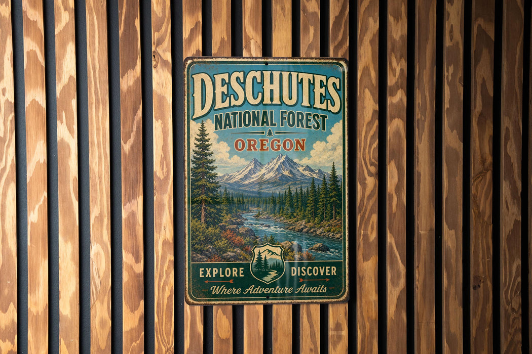 A vintage metal sign for the Deschutes National Forest in Oregon, featuring a scenic mountain landscape and the text "DESCHUTES NATIONAL FOREST OREGON EXPLORE DISCOVER Where Adventure Awaits".
