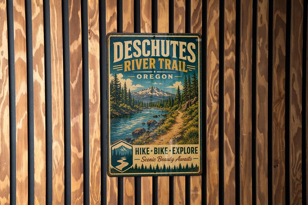 A vintage metal sign for the Deschutes River Trail in Oregon, featuring a scenic mountain landscape and a river.