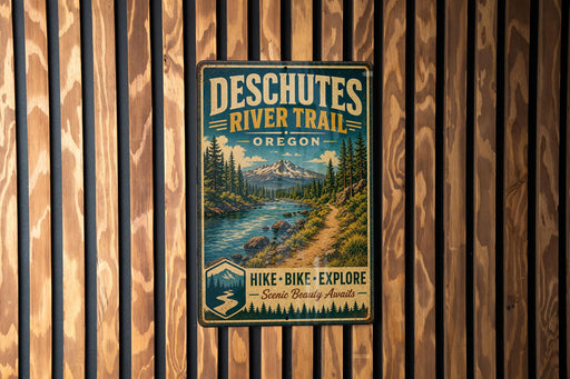 A vintage metal sign for the Deschutes River Trail in Oregon, featuring a scenic mountain landscape and a river.