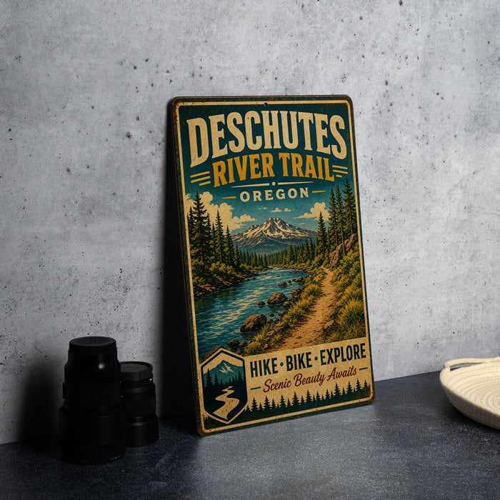 A vintage-style metal sign advertising the Deschutes River Trail in Oregon, featuring a scenic mountain landscape and a path leading through the woods.