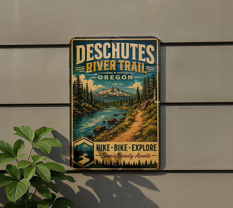 A vintage-style metal sign advertising the Deschutes River Trail in Oregon, featuring a scenic mountain landscape with a river and forest.