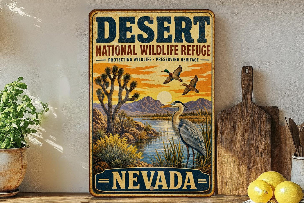 A vintage-style sign for the Desert National Wildlife Refuge in Nevada, featuring a desert landscape with a bird and a sunset.