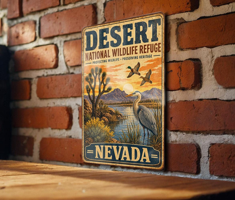 A vintage-style metal sign with a desert landscape and wildlife, mounted on a brick wall.
