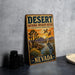 A vintage-style metal sign for the Desert National Wildlife Refuge in Nevada, featuring an illustration of a bird and desert landscape.