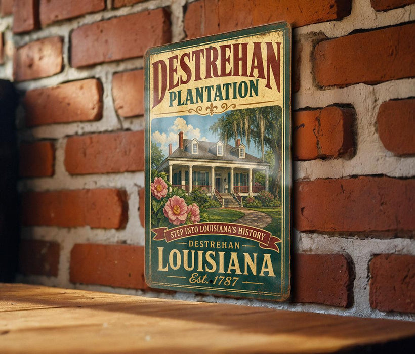 A vintage-style metal sign for the "Destrehan Plantation" in Louisiana, featuring a large illustration of a house surrounded by palm trees.