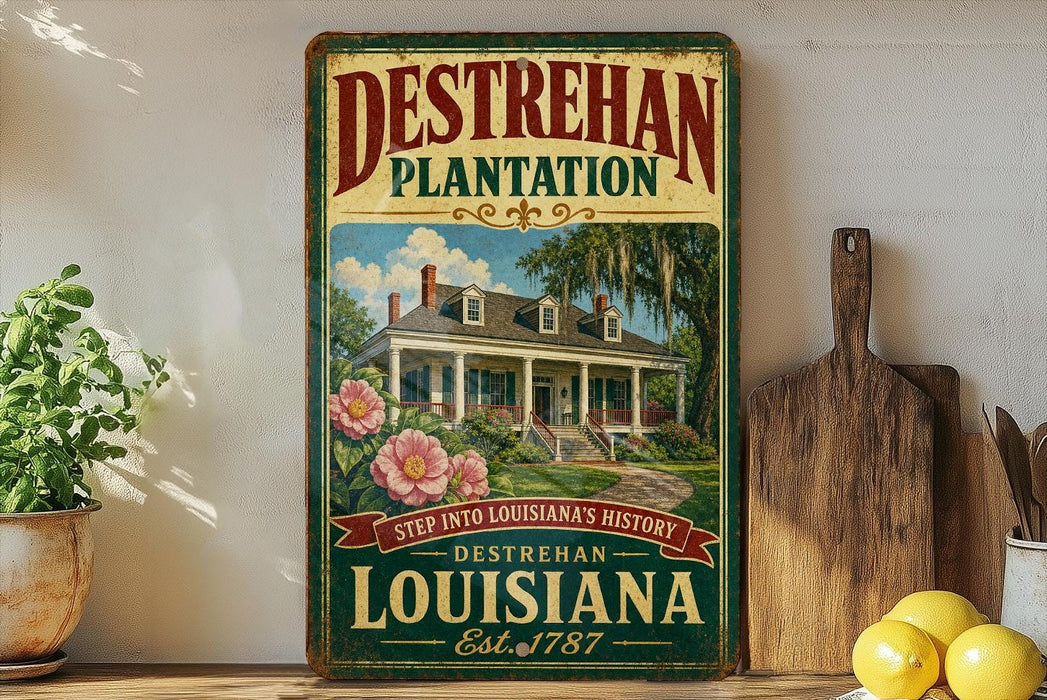 A vintage-style sign for "Desrehan Plantation" in Louisiana, featuring a house surrounded by trees and flowers.