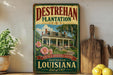 A vintage-style sign for "Desrehan Plantation" in Louisiana, featuring a house surrounded by trees and flowers.