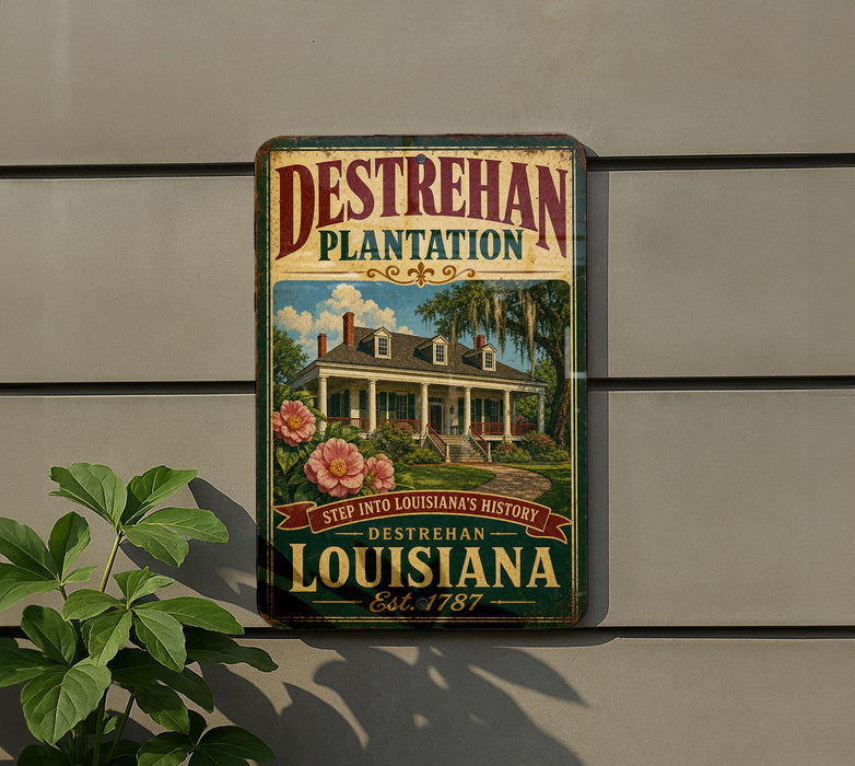 A vintage-style sign for the Destrehan Plantation in Louisiana, featuring a house and palm trees, mounted on a wall.
