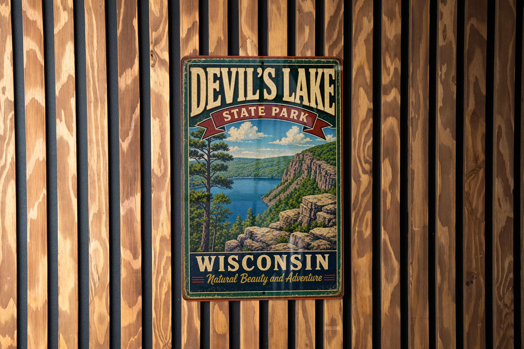 A vintage metal sign for Devil's Lake State Park in Wisconsin, featuring a scenic landscape with a lake, mountains, and trees.