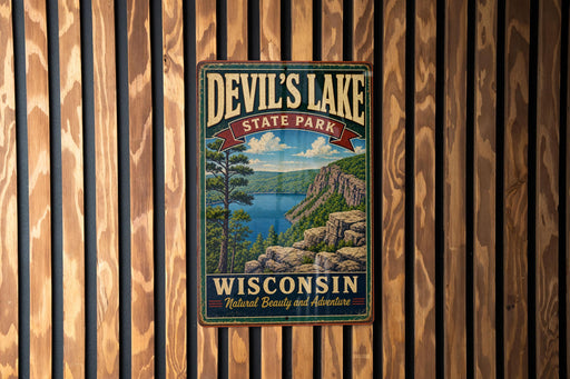 A vintage metal sign for Devil's Lake State Park in Wisconsin, featuring a scenic landscape with a lake, mountains, and trees.