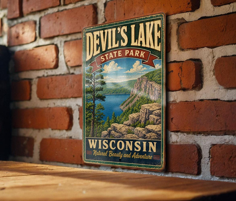 A vintage-style metal sign for Devil's Lake State Park in Wisconsin, featuring a scenic landscape with a lake, mountains, and trees.