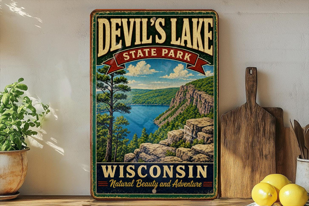 A vintage-style sign for Devil's Lake State Park in Wisconsin, featuring a scenic landscape with a lake, mountains, and pine trees.