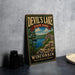 A vintage-style metal sign for Devil's Lake State Park in Wisconsin, featuring a scenic landscape with a lake, mountains, and trees.