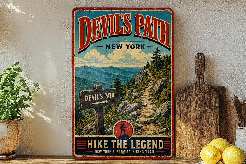 A vintage-style metal sign for Devil's Path, a New York hiking trail, featuring a mountain landscape and trail sign.