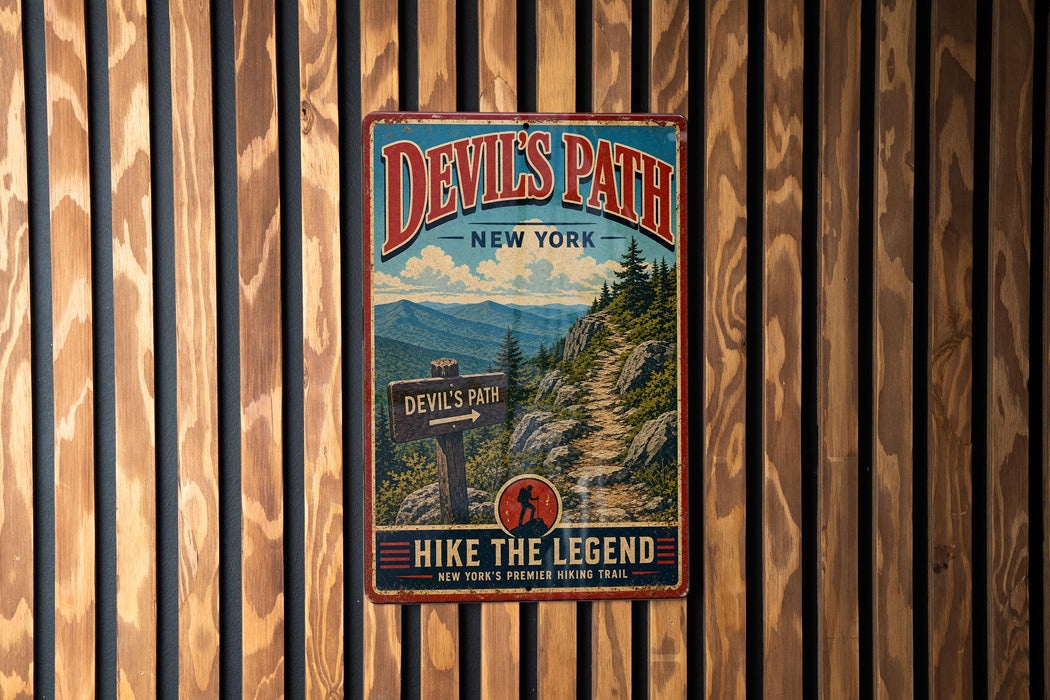 A vintage-style metal sign for Devil's Path in New York, featuring a scenic mountain landscape and a trail sign.