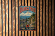 A vintage-style metal sign for Devil's Path in New York, featuring a scenic mountain landscape and a trail sign.