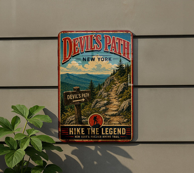 A vintage-style metal sign for Devil's Path, a New York hiking trail, mounted on a wall next to a plant.