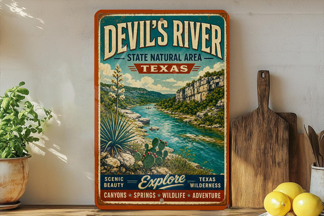 A vintage-style sign for Devil's River State Natural Area in Texas, featuring a scenic landscape with a river, cacti, and mountains.