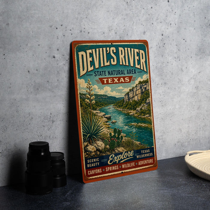 A vintage-style metal sign for Devil's River, a state natural area in Texas, featuring a scenic illustration of the river and surrounding landscape.