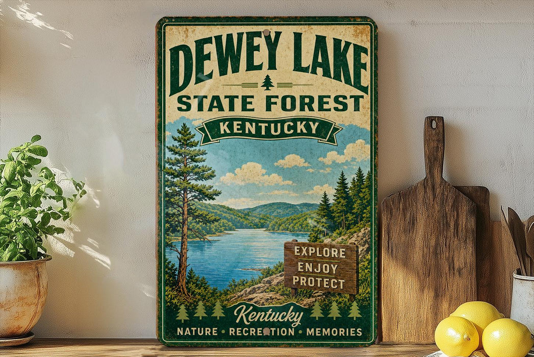 A vintage-style sign for Dewey Lake State Forest in Kentucky, featuring a scenic illustration of the lake surrounded by pine trees and mountains.