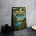 A vintage-style metal sign for Dewey Lake State Forest in Kentucky, featuring a scenic landscape with pine trees, a lake, and mountains.