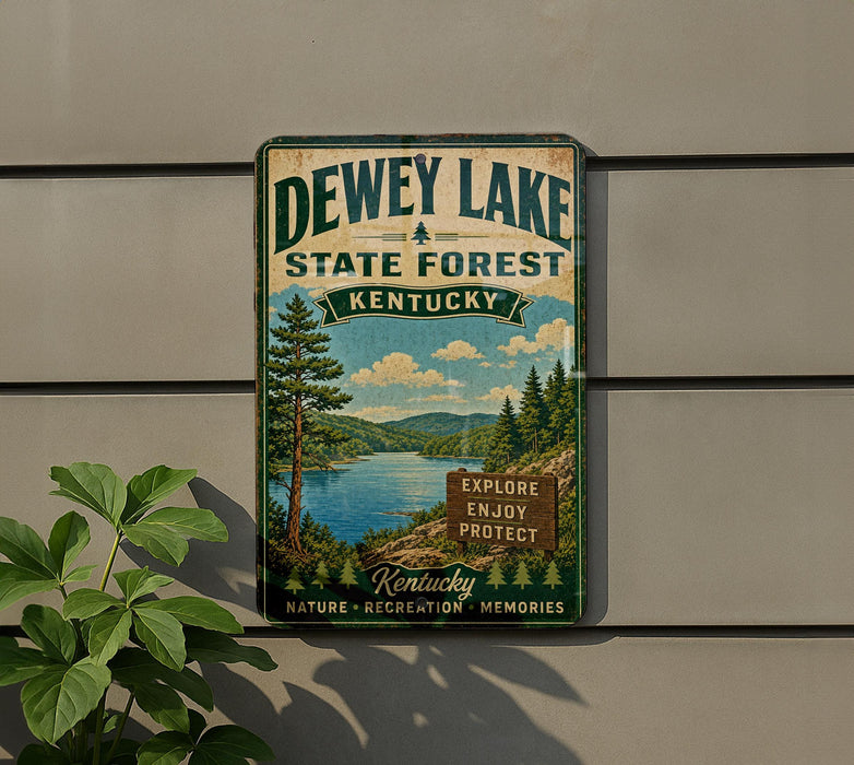 A vintage-style sign for Dewey Lake State Forest in Kentucky, featuring a scenic landscape with pine trees, a lake, and mountains.