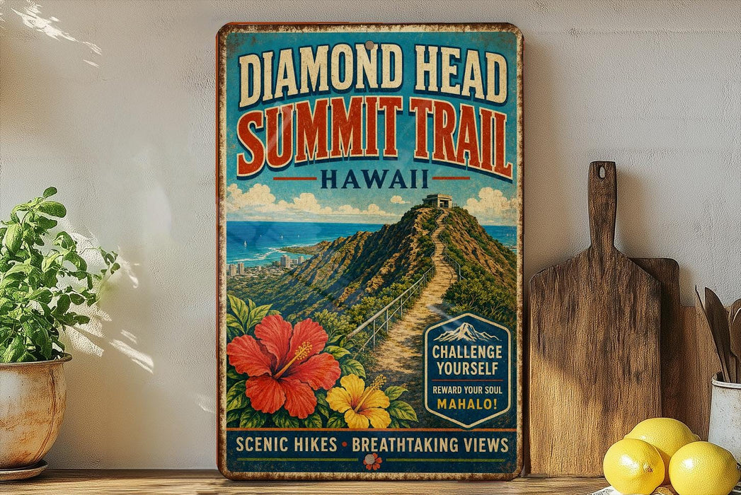 A vintage-style sign for the Diamond Head Summit Trail in Hawaii, featuring a mountain landscape with a trail leading up to a lookout point.